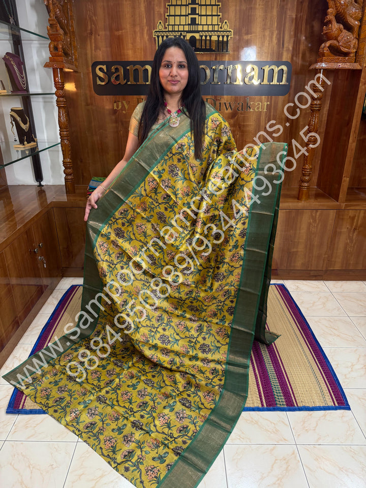 Yellow with Green, Floral Printed , Pure Tussar Silk Saree