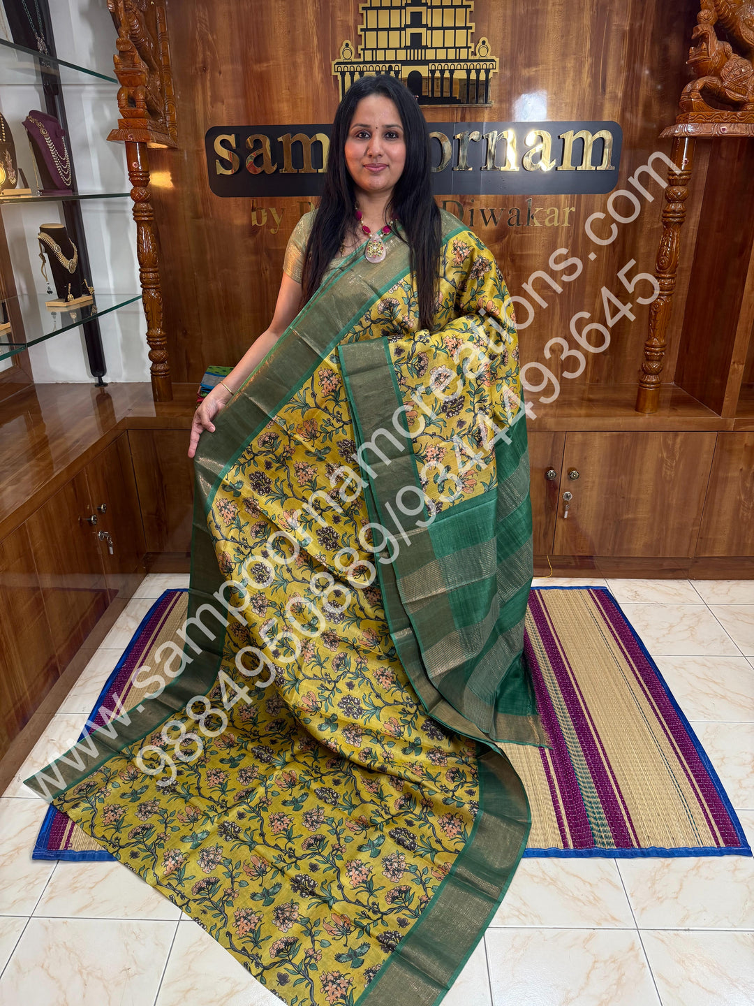 Yellow with Green, Floral Printed , Pure Tussar Silk Saree