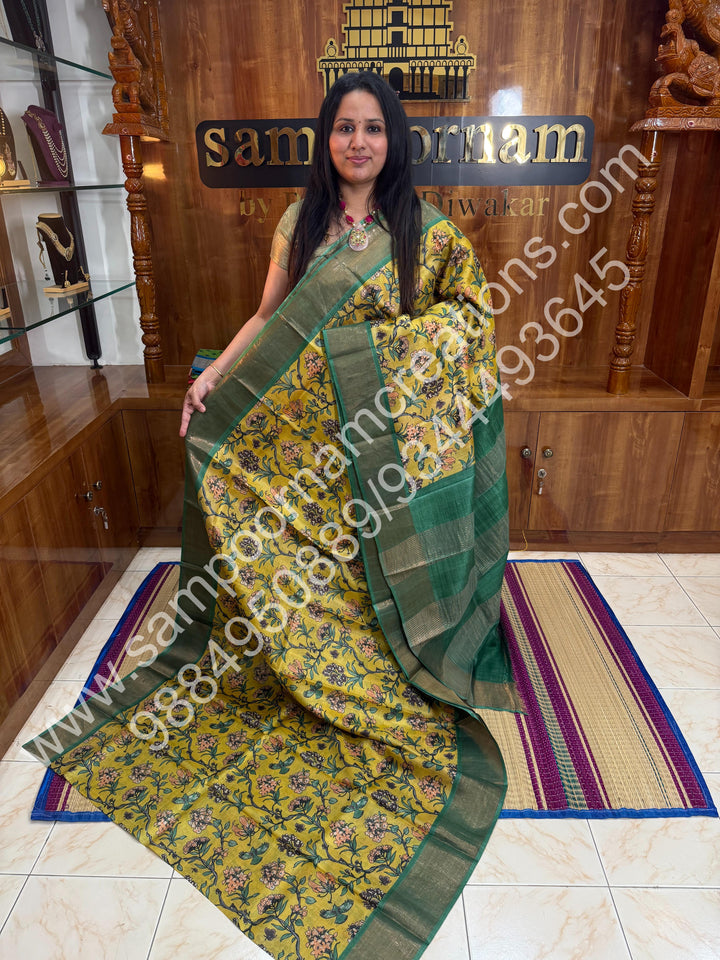 Yellow with Green, Floral Printed , Pure Tussar Silk Saree