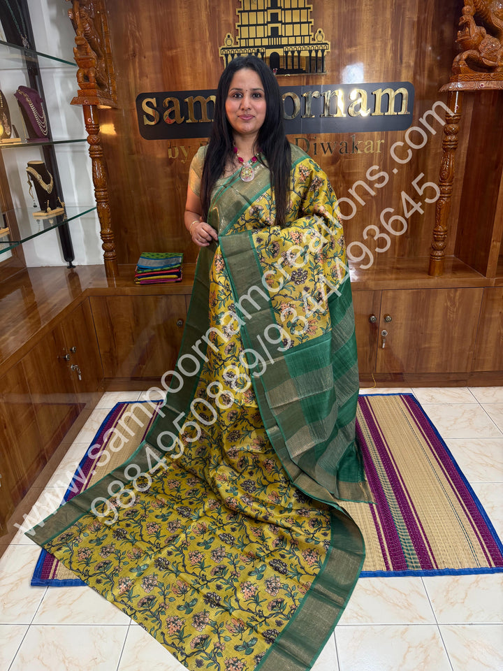 Yellow with Green, Floral Printed , Pure Tussar Silk Saree