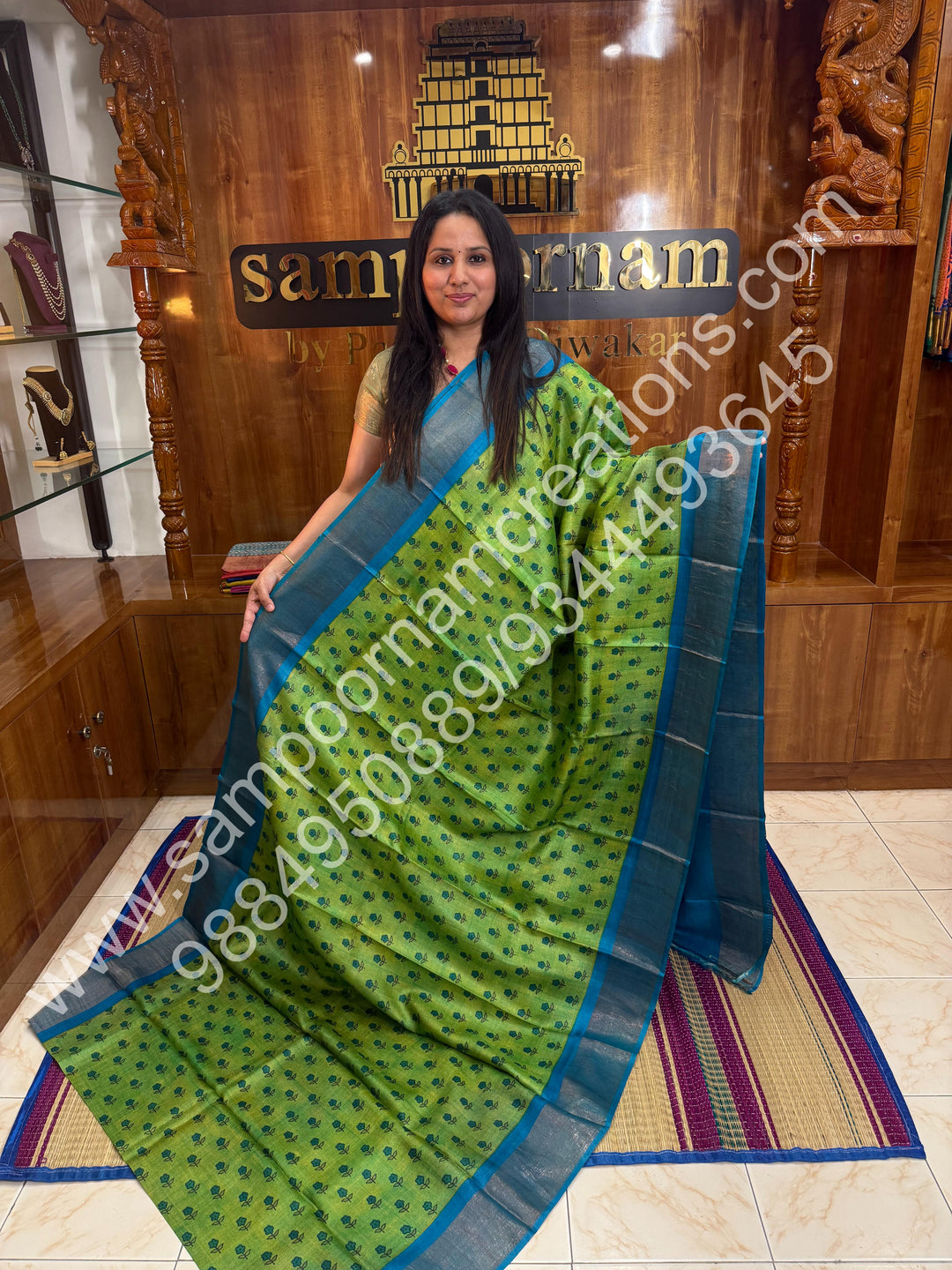 Green with Blue, Floral Printed Handblock Printed , Pure Tussar Silk Saree