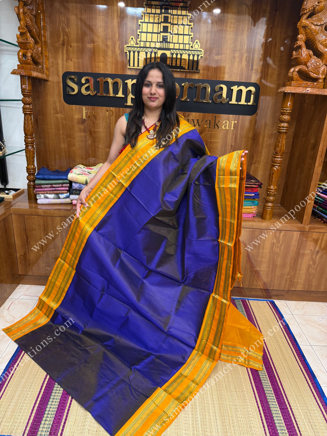 MS Blue with Yellow , Rich Zari Podi Kattam in the body and rettapet borders ,  grand Pallu Korvai Silk Cotton Saree
