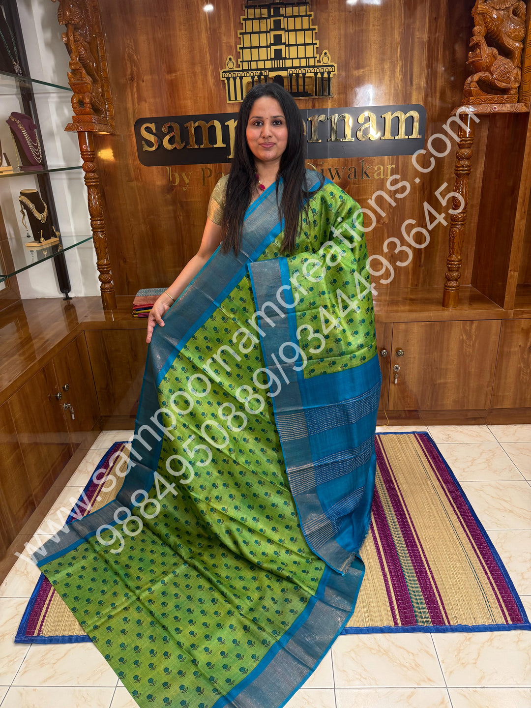 Green with Blue, Floral Printed Handblock Printed , Pure Tussar Silk Saree