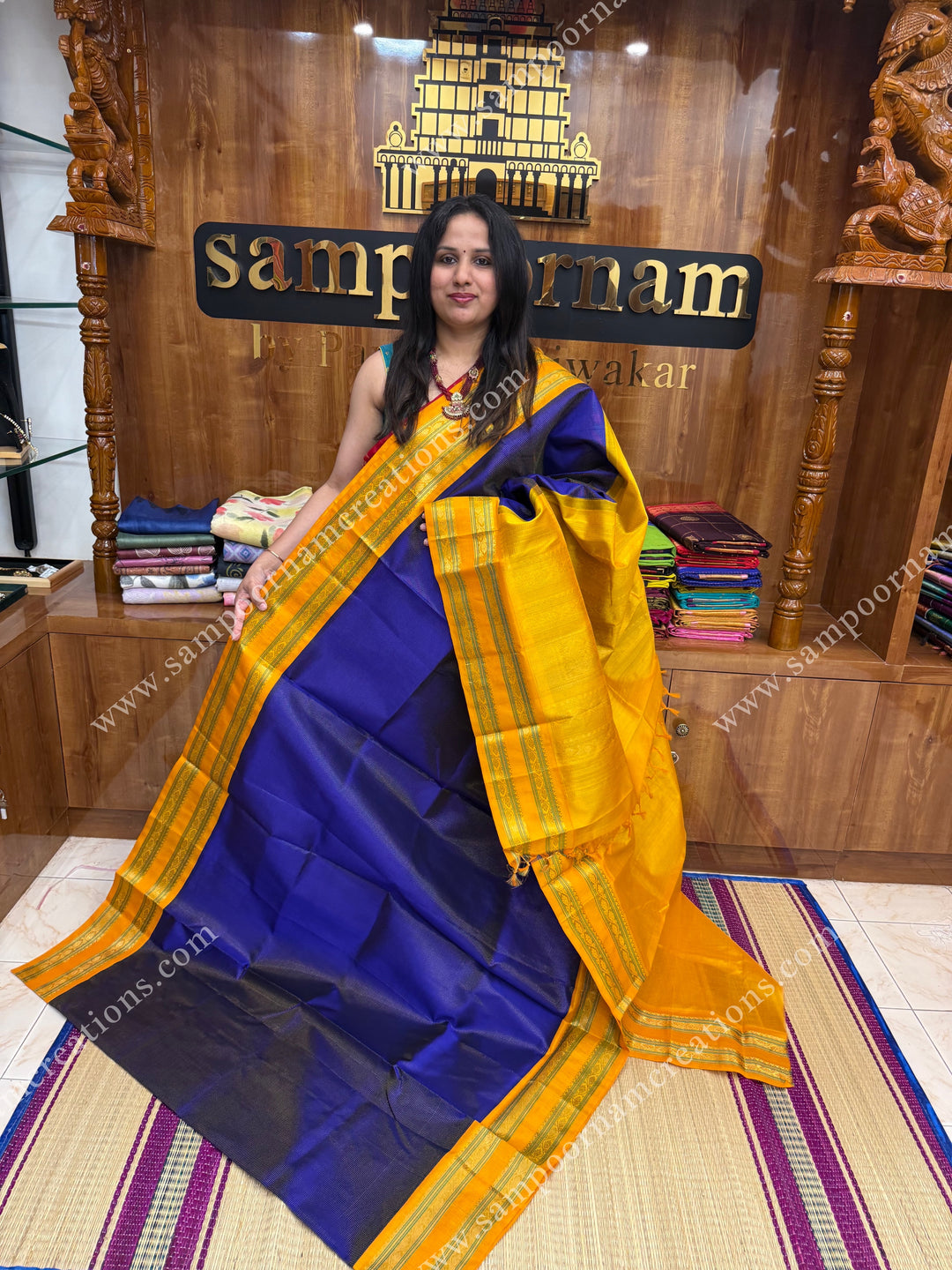MS Blue with Yellow , Rich Zari Podi Kattam in the body and rettapet borders ,  grand Pallu Korvai Silk Cotton Saree