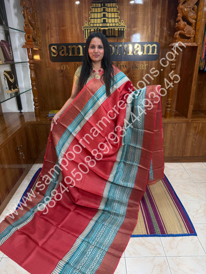 Rust Orange with Blue, Handblock Printed, Pure Tussar Silk Saree