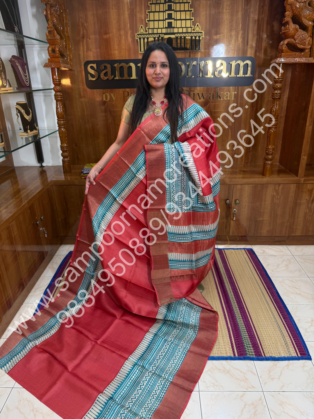 Rust Orange with Blue, Handblock Printed, Pure Tussar Silk Saree