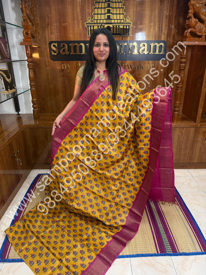 Yellow with Magenta , Handblock Printed, Pure Tussar Silk Saree