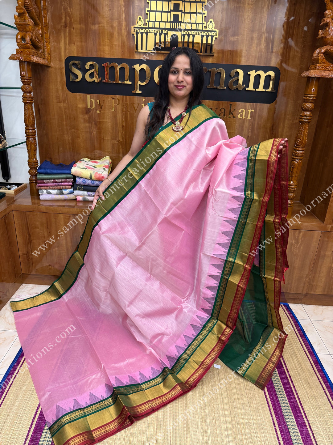 Baby Pink with Green ,  One side Triple Temple borders  and rich Pallu Korvai Silk Cotton Saree