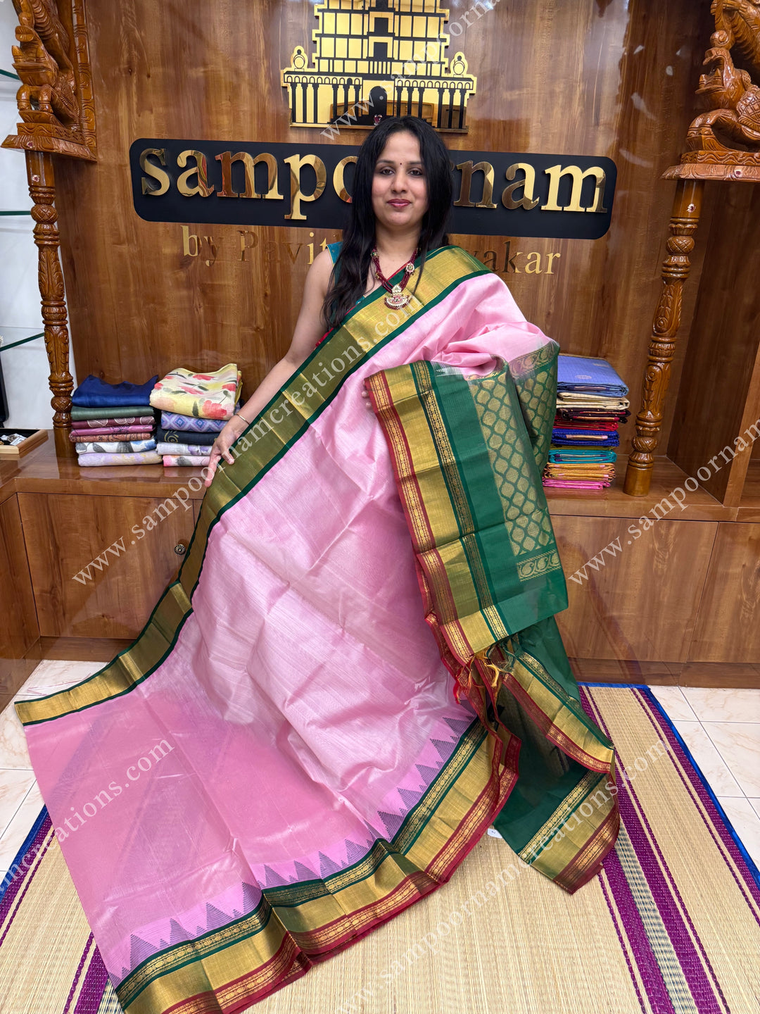 Baby Pink with Green ,  One side Triple Temple borders  and rich Pallu Korvai Silk Cotton Saree
