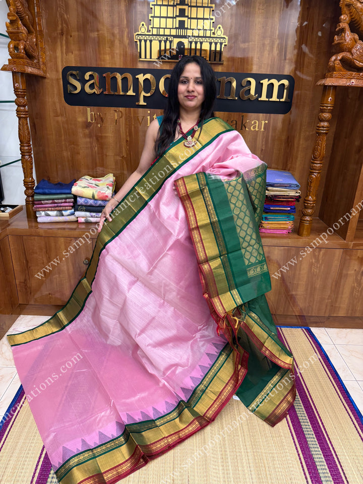 Baby Pink with Green ,  One side Triple Temple borders  and rich Pallu Korvai Silk Cotton Saree