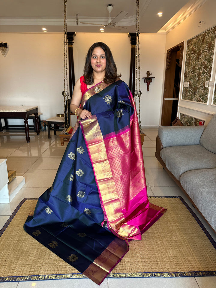 A Classic Dark Blue with Pink with Bird and Kodi Rich Motif & Rich Pallu Kanjivaram Silk Saree