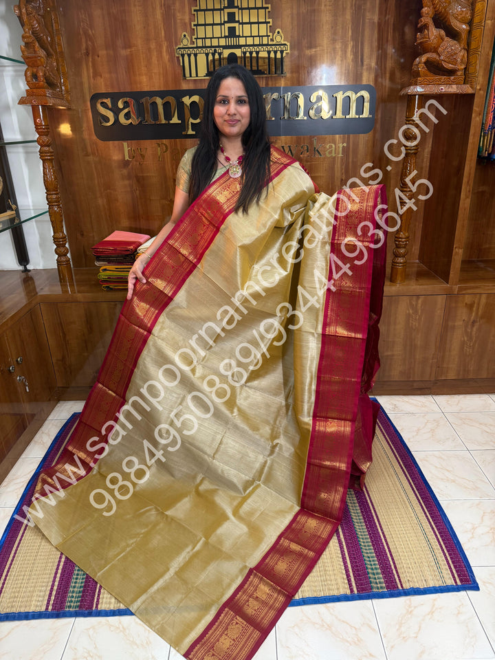 Light Gold with Red, Big Kanchi Border, Rich Pallu, Pure Korvai Silk Cotton Saree