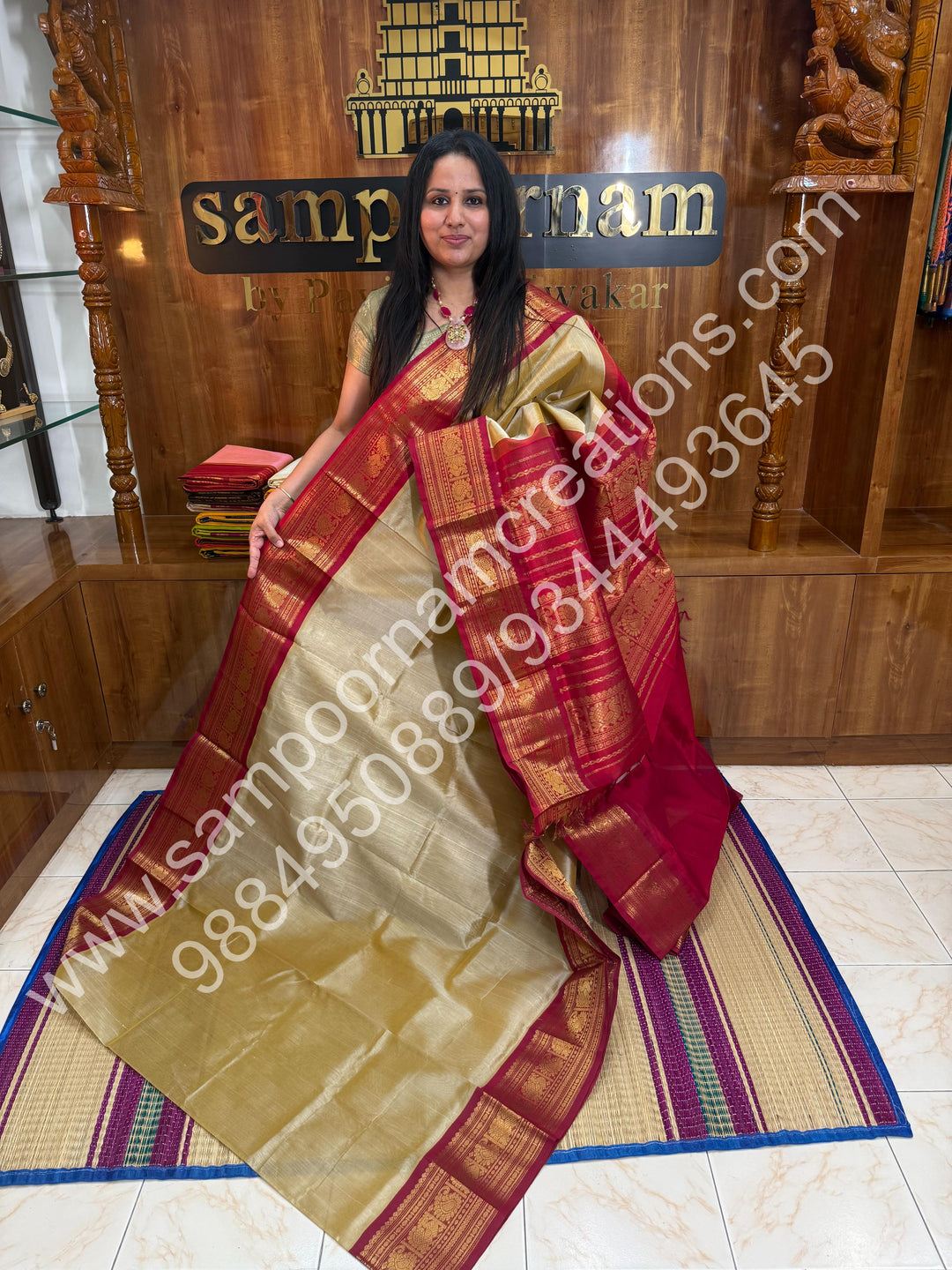 Light Gold with Red, Big Kanchi Border, Rich Pallu, Pure Korvai Silk Cotton Saree