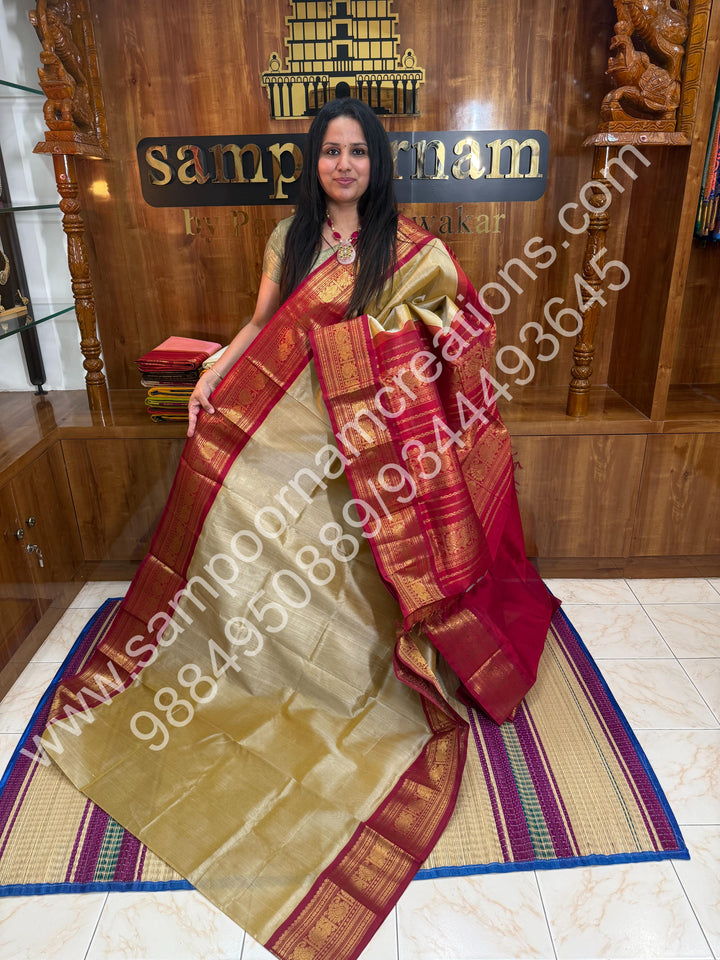 Light Gold with Red, Big Kanchi Border, Rich Pallu, Pure Korvai Silk Cotton Saree