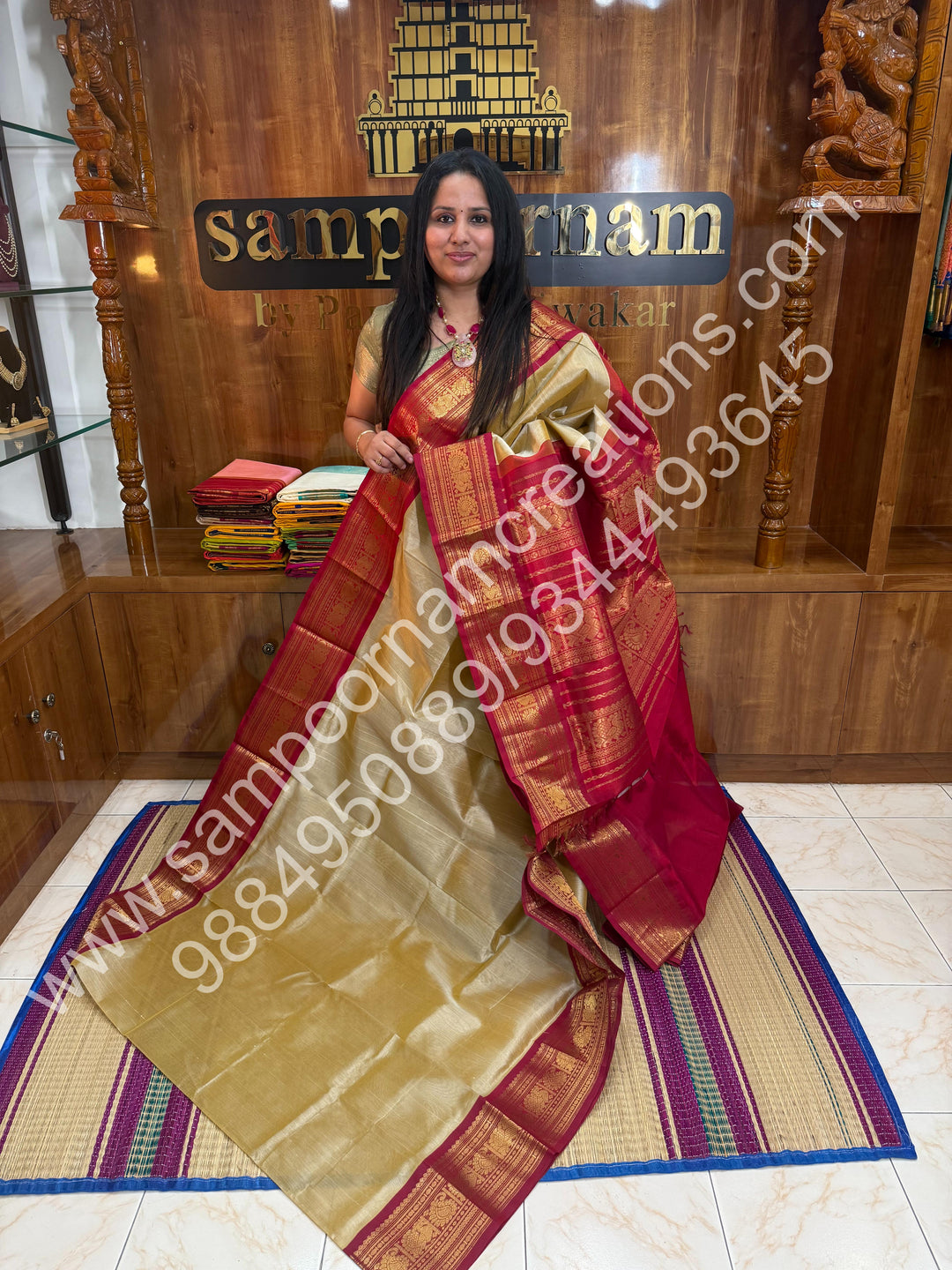 Light Gold with Red, Big Kanchi Border, Rich Pallu, Pure Korvai Silk Cotton Saree