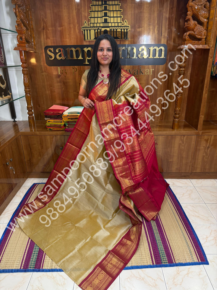 Light Gold with Red, Big Kanchi Border, Rich Pallu, Pure Korvai Silk Cotton Saree