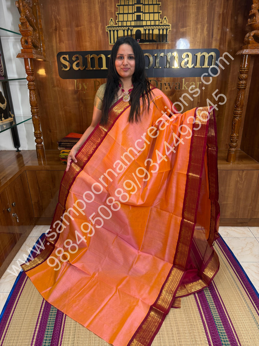 Peach Pink with Red , Traditional Kanchi Border and Rich Pallu, Korvai Silk Cotton Saree