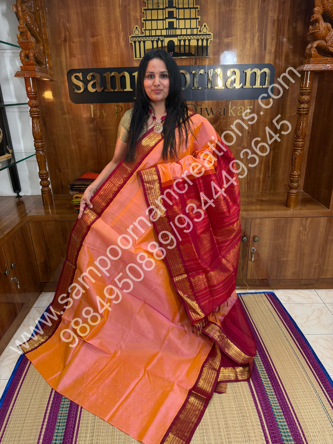 Peach Pink with Red , Traditional Kanchi Border and Rich Pallu, Korvai Silk Cotton Saree
