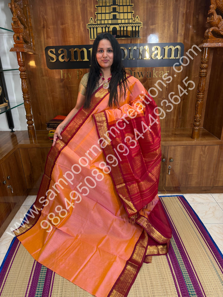 Peach Pink with Red , Traditional Kanchi Border and Rich Pallu, Korvai Silk Cotton Saree