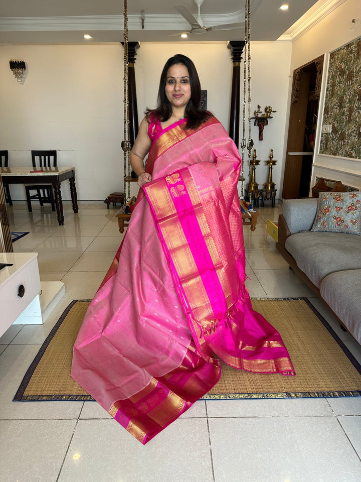 Light Pink with Dark Pink Podi Kattam with Body butta, Peacock Motif in the Border - Rich Pallu Korvai Silk Cotton Saree