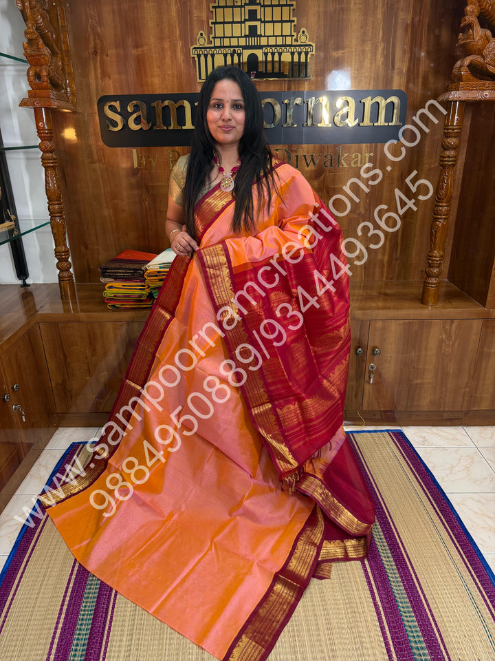 Peach Pink with Red , Traditional Kanchi Border and Rich Pallu, Korvai Silk Cotton Saree
