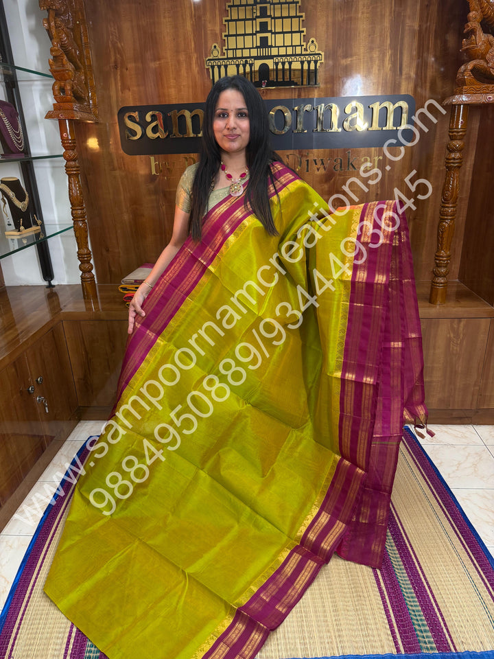Ponvandu Green with Pink, rettapet Border and Rich Pallu, Pure Korvai Silk Cotton Saree
