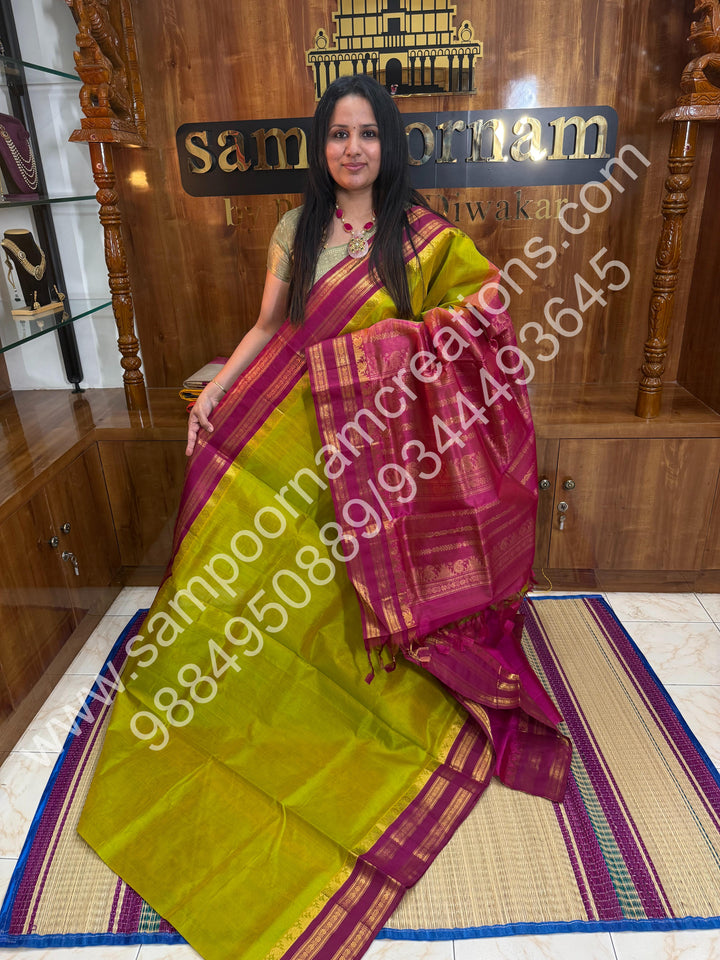 Ponvandu Green with Pink, rettapet Border and Rich Pallu, Pure Korvai Silk Cotton Saree