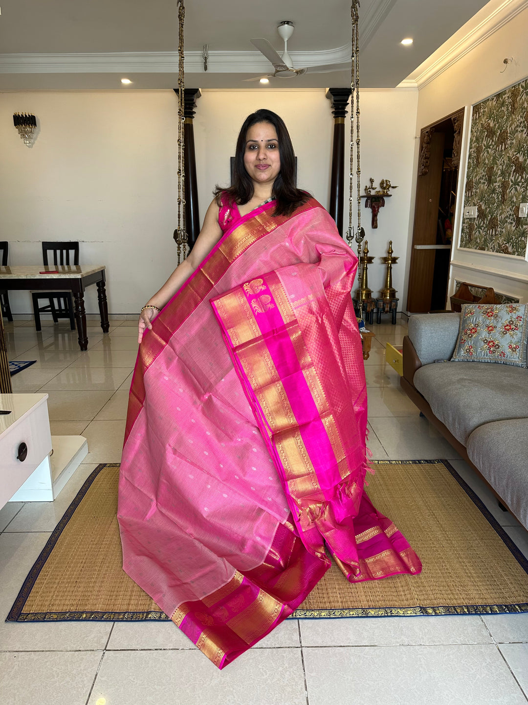 Light Pink with Dark Pink Podi Kattam with Body butta, Peacock Motif in the Border - Rich Pallu Korvai Silk Cotton Saree