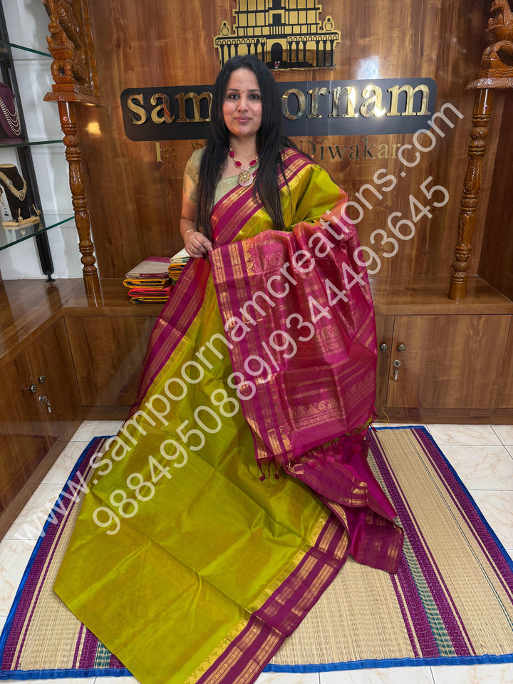 Ponvandu Green with Pink, rettapet Border and Rich Pallu, Pure Korvai Silk Cotton Saree