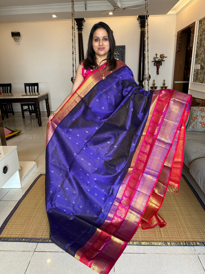 Blue with Red , One Side Big Peacock Motif Border , podi Kattam with Zari Motif in the body and Rich Pallu Korvai Silk Cotton Saree