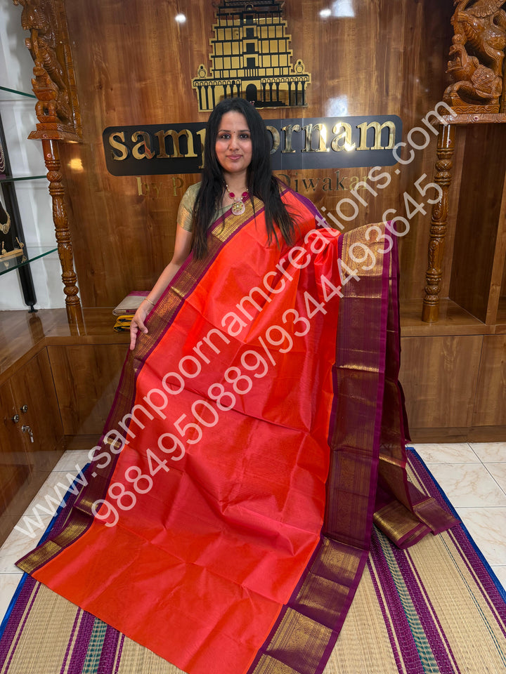 Dark Kanakambaram with Magenta, one side big Kanchi Border, Rich Pallu, Pure Korvai Silk Cotton Saree