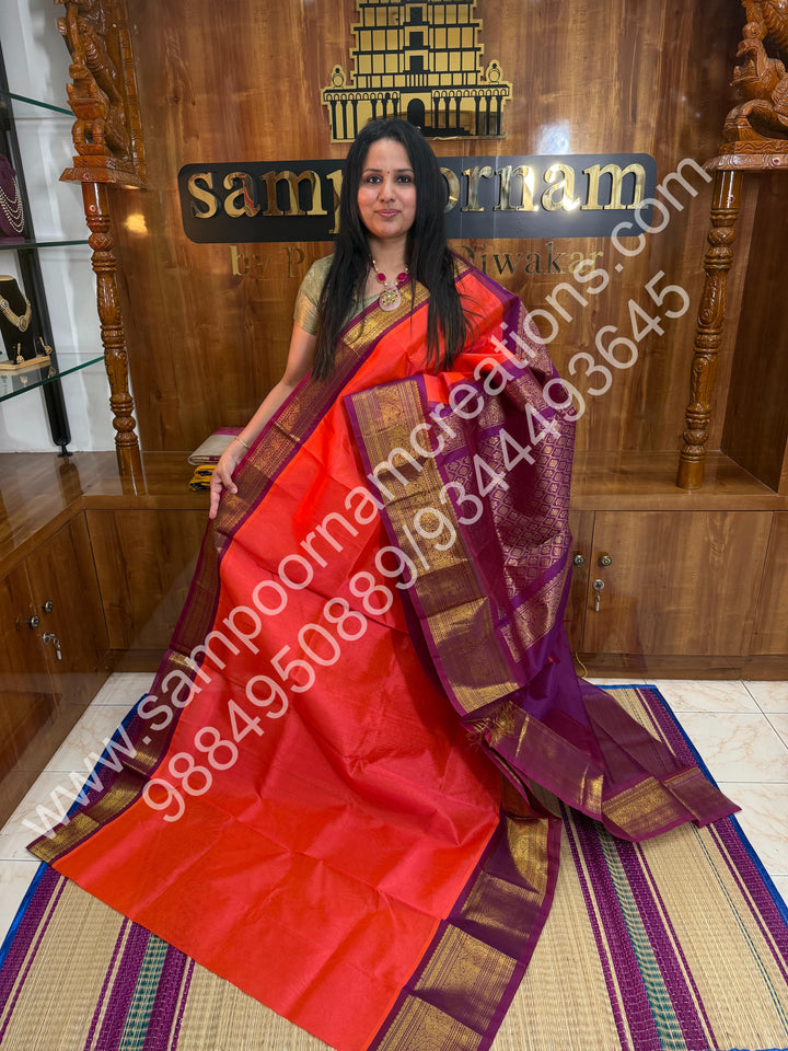 Dark Kanakambaram with Magenta, one side big Kanchi Border, Rich Pallu, Pure Korvai Silk Cotton Saree