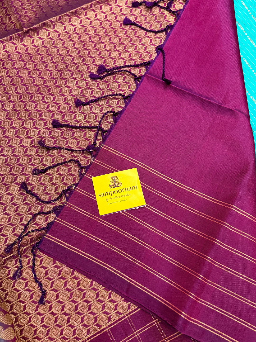 Rama Blue With Purple  colour , rich zari vertical line all over the body , traditional checks border and grand Pallu Pure Soft Silk Saree