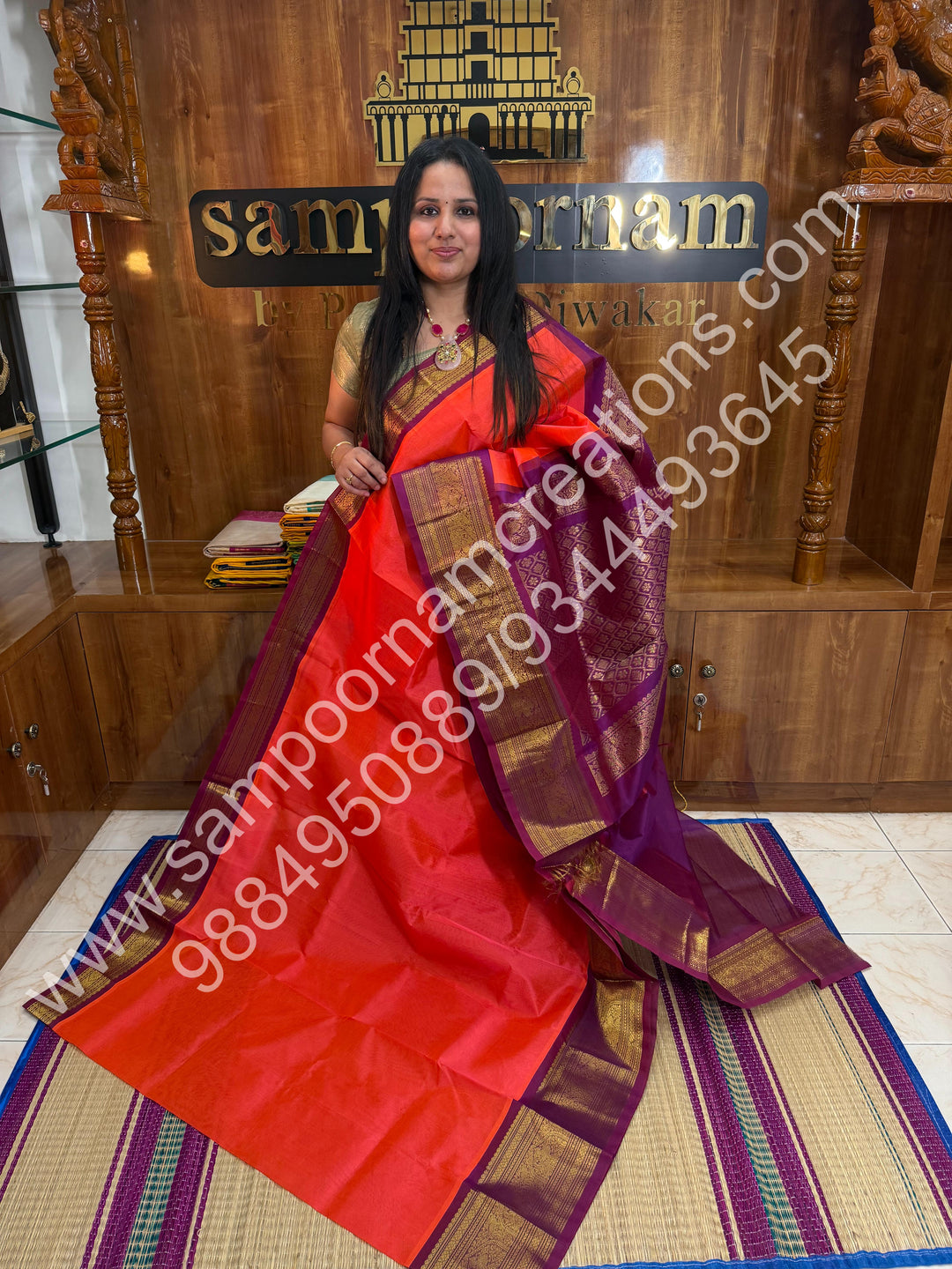 Dark Kanakambaram with Magenta, one side big Kanchi Border, Rich Pallu, Pure Korvai Silk Cotton Saree