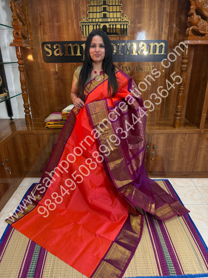 Dark Kanakambaram with Magenta, one side big Kanchi Border, Rich Pallu, Pure Korvai Silk Cotton Saree