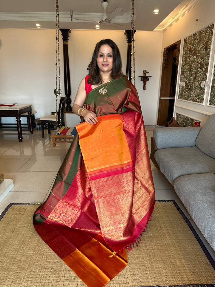 Mubbagam Vanasingaram Red, Manthulir and Manjal  Pure Silk And Pure Zari Handwoven Pure Silk Saree