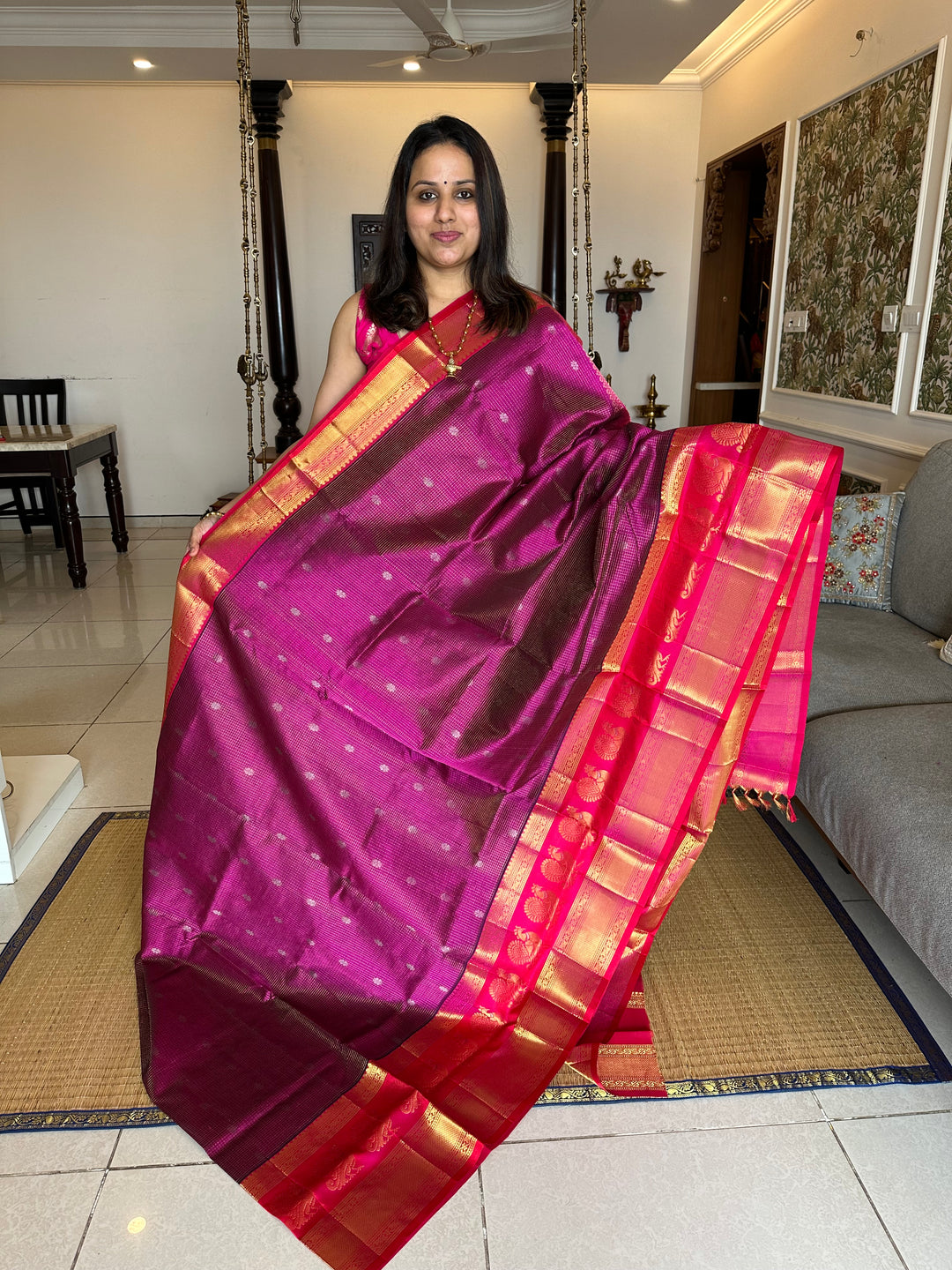 Purple with Pink , one side Big Peacock Motif Border and podi Kattam in the body with Zari Butta and Grand Pallu Korvai Silk Cotton Saree