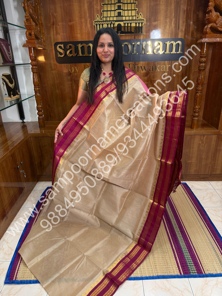Beige with Magenta, Traditional Rettapet Border, Rich Pallu, Pure Korvai Silk Cotton Saree