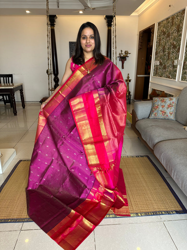 Purple with Pink , one side Big Peacock Motif Border and podi Kattam in the body with Zari Butta and Grand Pallu Korvai Silk Cotton Saree