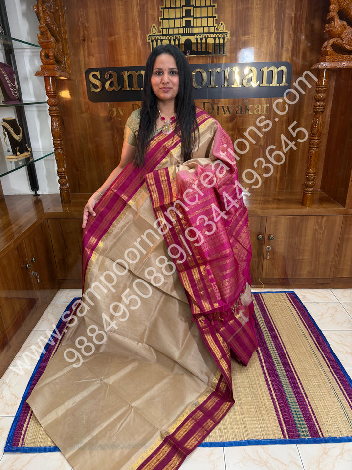 Beige with Magenta, Traditional Rettapet Border, Rich Pallu, Pure Korvai Silk Cotton Saree