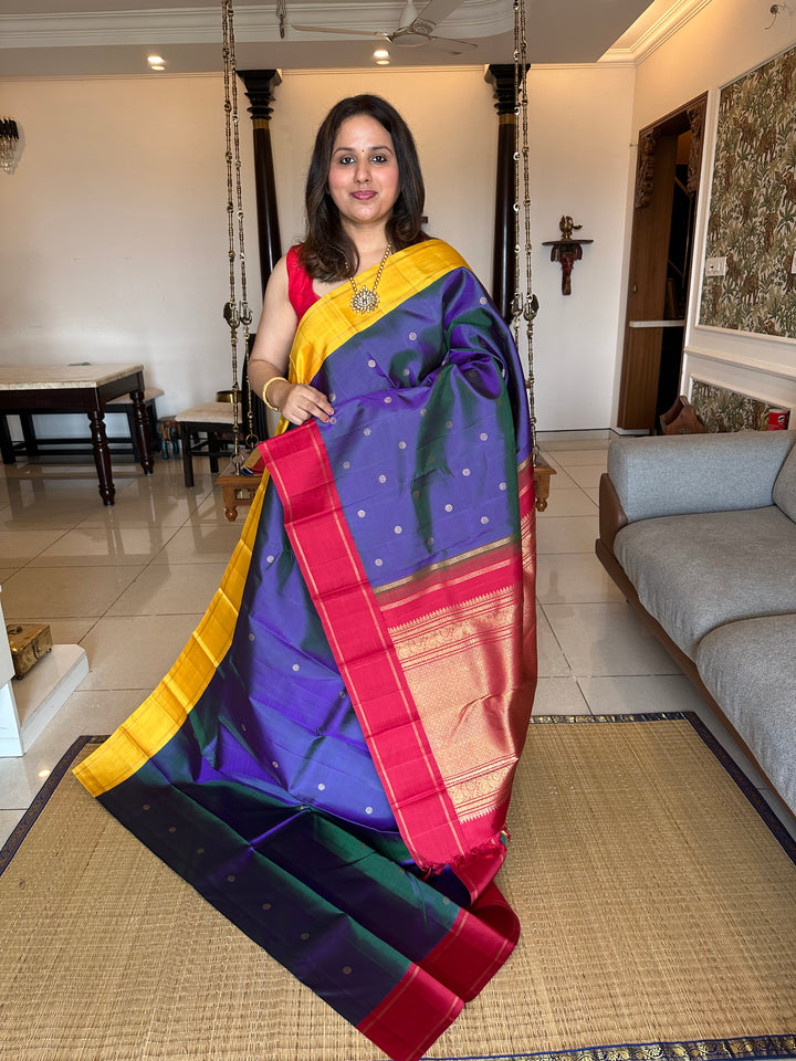 A Must Have Two Pallu Concept Ganga Jamuna Red/Yellow ,Mayil Kazhuthu Colour with Chakram Butta Traditional Kanjivaram Pure Silk Saree