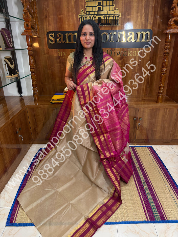 Beige with Magenta, Traditional Rettapet Border, Rich Pallu, Pure Korvai Silk Cotton Saree