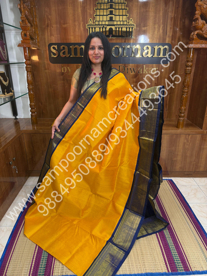 Yellow with Blue, Traditional One Side Big Kanchi Border, Rich Pallu, Pure Korvai Silk Cotton Saree