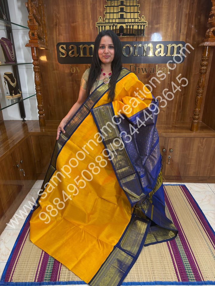 Yellow with Blue, Traditional One Side Big Kanchi Border, Rich Pallu, Pure Korvai Silk Cotton Saree