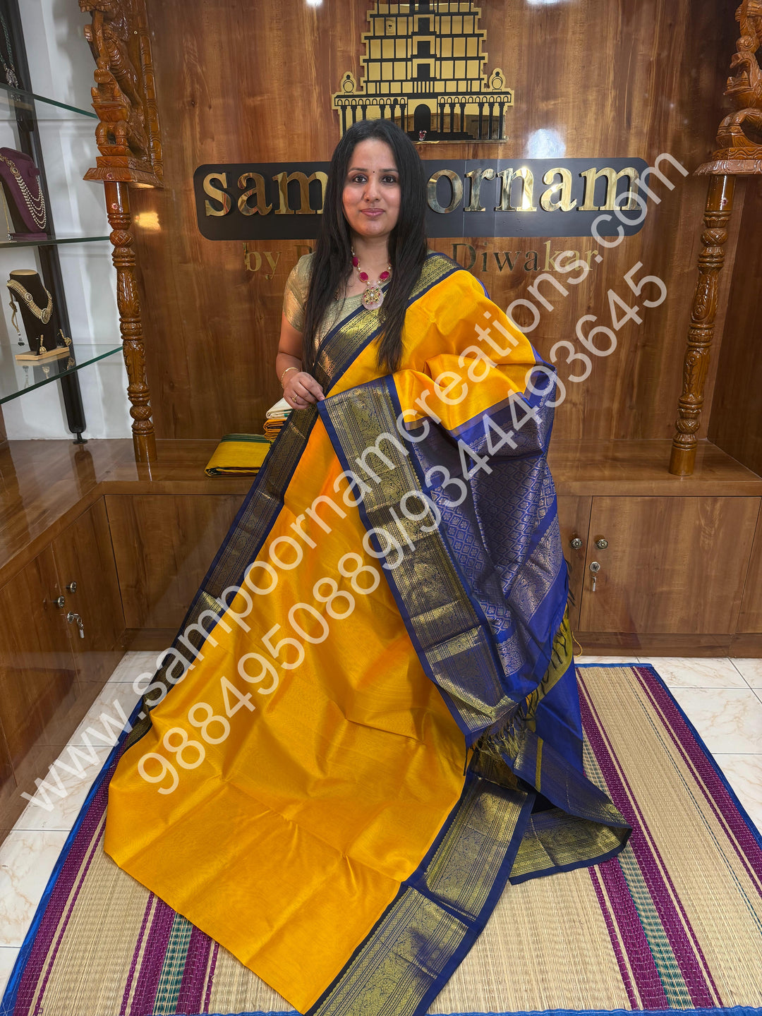 Yellow with Blue, Traditional One Side Big Kanchi Border, Rich Pallu, Pure Korvai Silk Cotton Saree