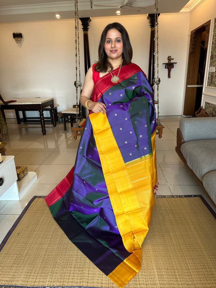 A Must Have Two Pallu Concept Ganga Jamuna Red/Yellow ,Mayil Kazhuthu Colour with Chakram Butta Traditional Kanjivaram Pure Silk Saree