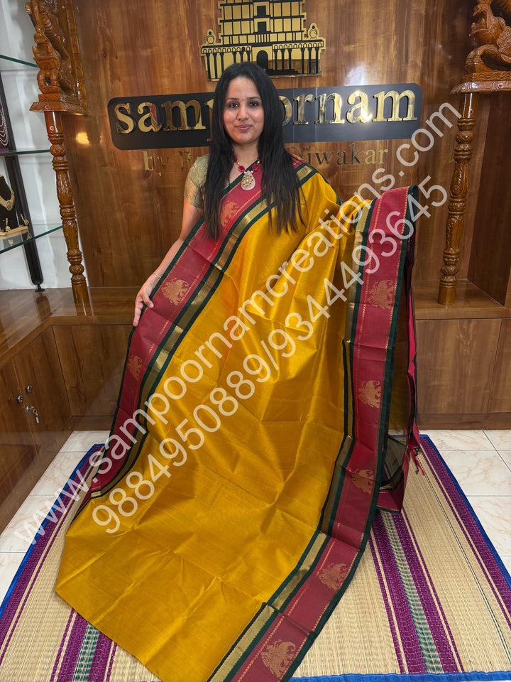 Vendhaya Colour or Dark Gold with Green,, Traditional Kanchi Border with Elephant Detailing, Rich elephant Procession Design  Pallu, Pure Korvai Silk Cotton Saree