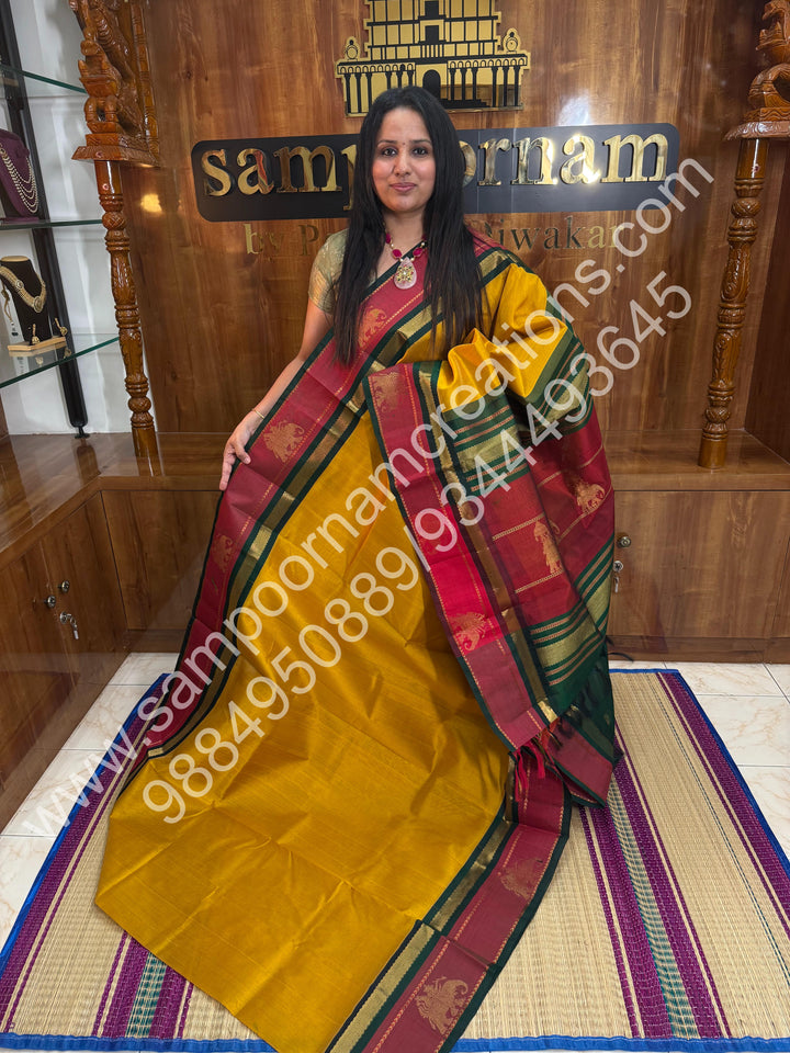 Vendhaya Colour or Dark Gold with Green,, Traditional Kanchi Border with Elephant Detailing, Rich elephant Procession Design  Pallu, Pure Korvai Silk Cotton Saree