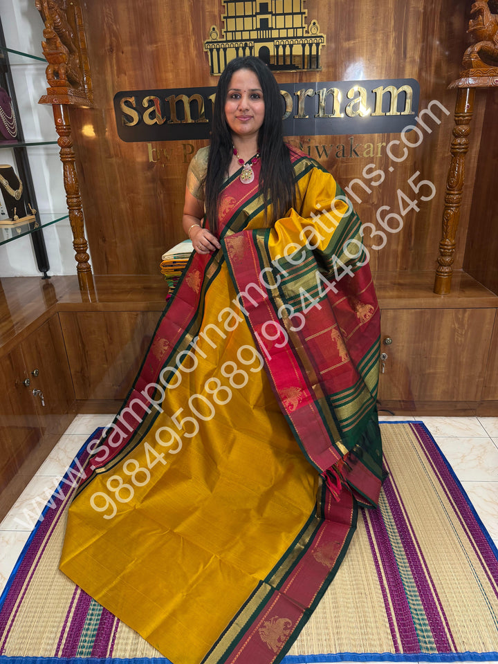 Vendhaya Colour or Dark Gold with Green,, Traditional Kanchi Border with Elephant Detailing, Rich elephant Procession Design  Pallu, Pure Korvai Silk Cotton Saree