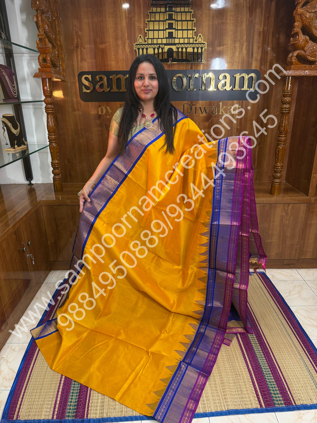 Yellow with Blue, Triple Temple Big Border on one side, Rich Pallu, Pure Korvai Silk Cotton Saree